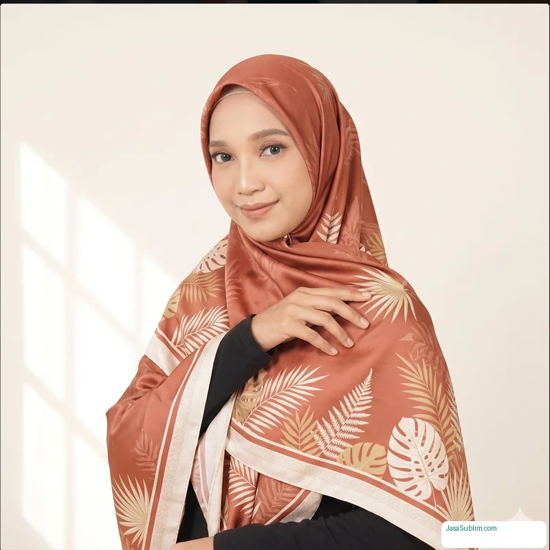 Hijab satin polyester motif tropical leaves hasil print sublimasi