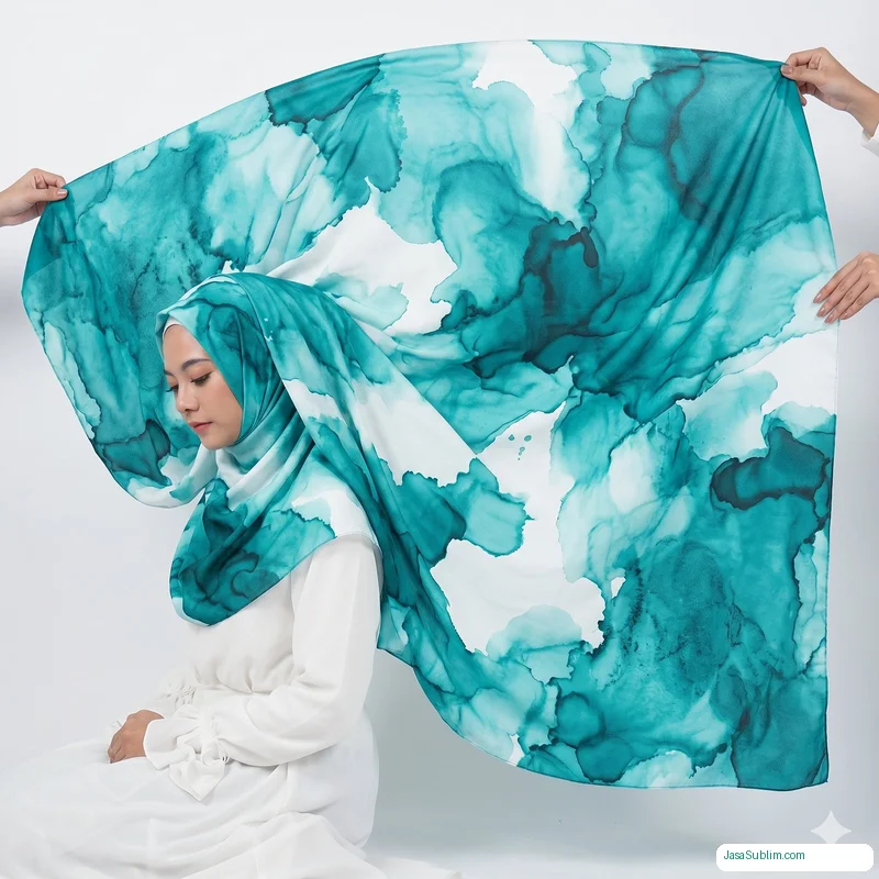 Print sublimasi hijab segi empat motif watercolor teal pada kain satin polyester